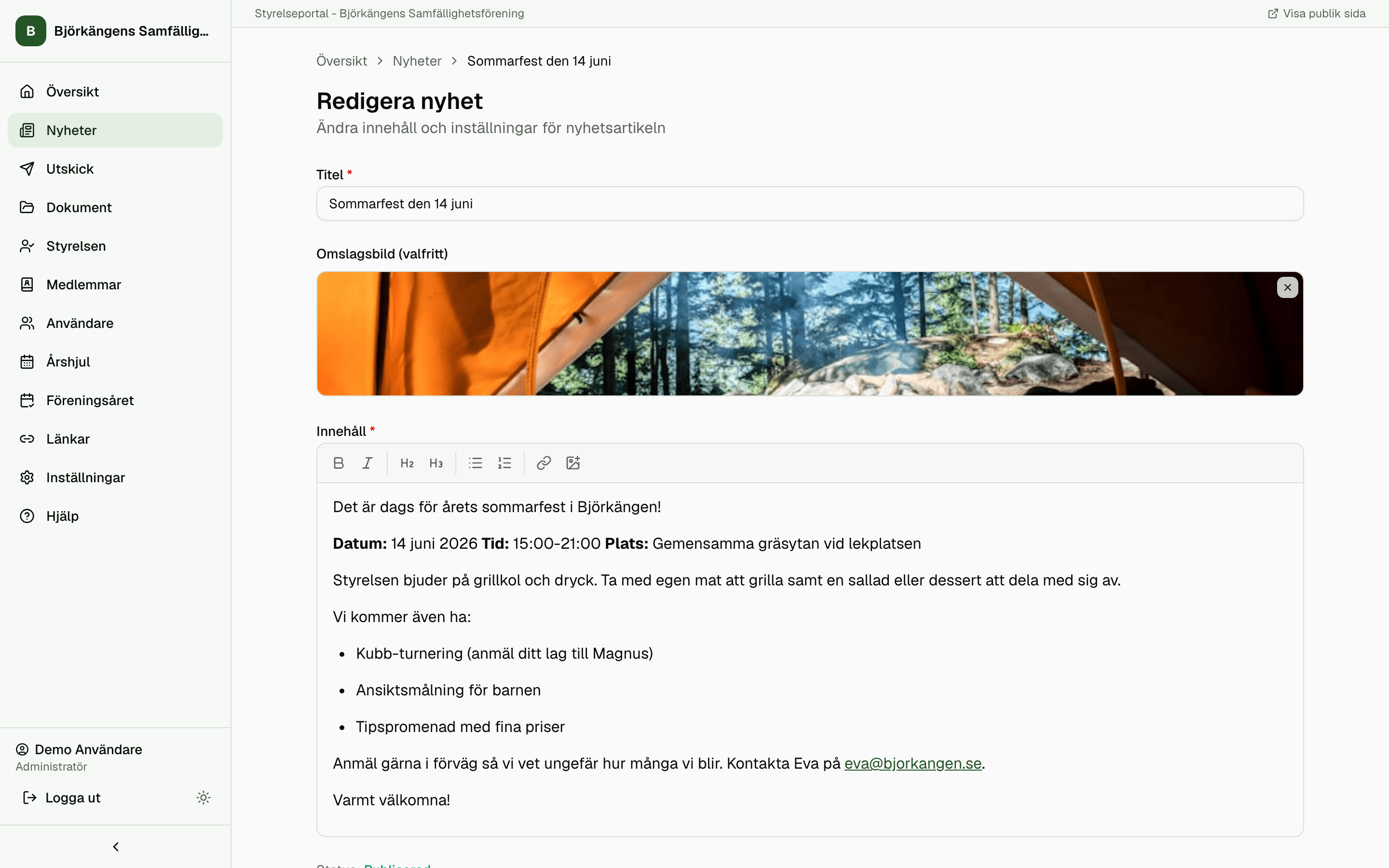 Editorn i styrelseportalen med en publicerad nyhet: rubrik, omslagsbild och formaterad text
